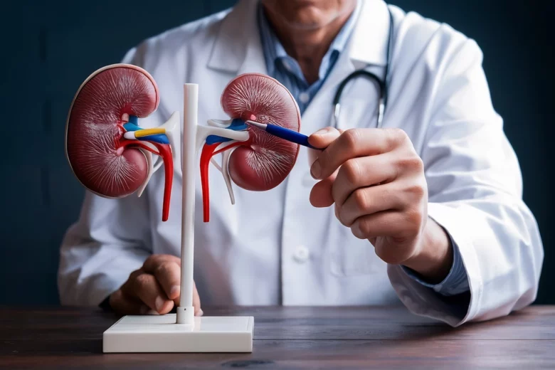 Médico dos rins demonstrando um modelo anatômico de rins com vasos sanguíneos, representando a função renal.