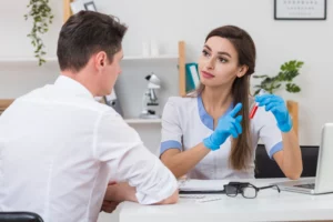Profissional de saúde explicando ao paciente os procedimentos para preparação para exames de sangue, incluindo jejum e interpretação dos resultados.